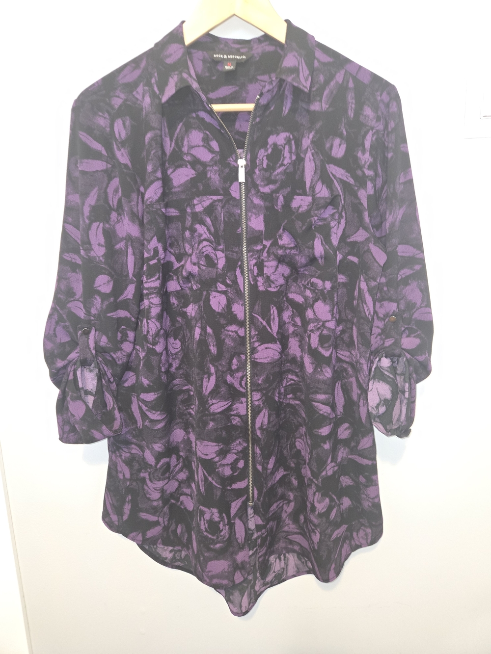 Rock & Republic Purple and Black Zip-Front Floral Shirt Tunic